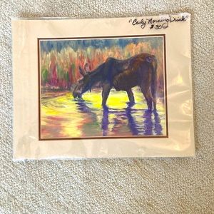 Matted print morning drink. Fall colors. depicts moose at stream.
